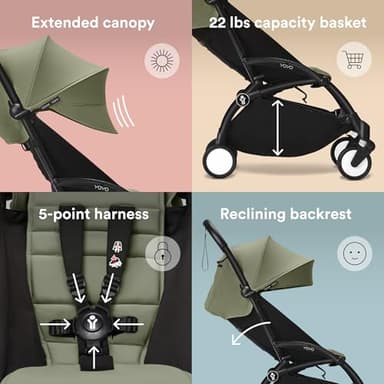 Stokke YOYO3 Stroller from 6 Months - Includes Black Frame/Olive Seat Cushion + Canopy - Folds in & Out in a Flash - Light & Compact - Carry-On Compatible - Image 6