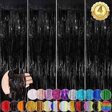 Black Metallic Tinsel Foil Fringe Curtains, 4 Pack 3.3x8.3 Feet Party Streamer Curtains for Birthday Party Decorations, Halloween Decor, Foil Curtain Backdrop for Bachelorette Party - Image 1