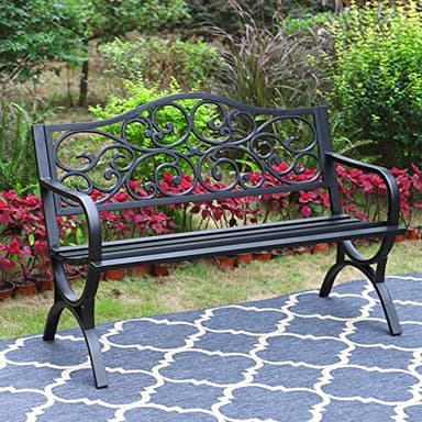 MFSTUDIO 50 Inches Outdoor Garden Bench, Cast Iron Metal Frame Patio Park Bench with Floral Pattern Backrest, Arch Legs for Porch Lawn Garden Yard(Black) - Image 1