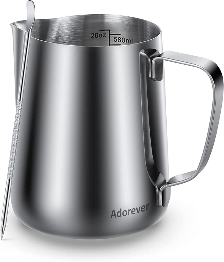Milk Frothing Pitcher, 20oz Steaming Pitcher Stainless Steel Espresso Machine Accessories for Coffee Bar, Cappuccino Barista Tools Milk Jug Steamer Frother Cup with Decorating Latte Art Pen - Image 1