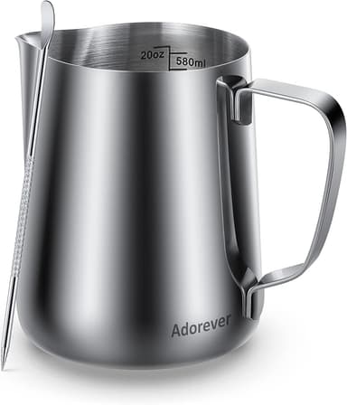 Milk Frothing Pitcher, 20oz Steaming Pitcher Stainless Steel Espresso Machine Accessories for Coffee Bar, Cappuccino Barista Tools Milk Jug Steamer Frother Cup with Decorating Latte Art Pen - Image 1