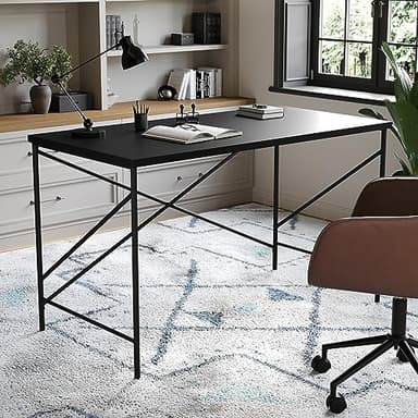 Martha Stewart Maddox Home Office Parsons Desk in Black Wood Grain with Oil Rubbed Bronze Metal X-Frame - Image 2