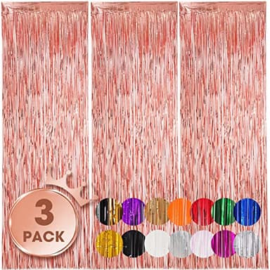Voircoloria 3 Pack 3.3x8.2 Feet Rose Gold Foil Fringe Backdrop Curtains, Tinsel Streamers Birthday Party Decorations, Fringe Backdrop for Graduation, Baby Shower, Gender Reveal, Disco Party - Image 1