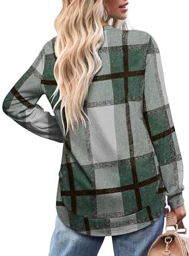 OFEEFAN Cute Sweatshirts for Women Fall Long Sleeve Shirts for Women Plaid Green Xxl - Image 3