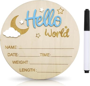 Baby Announcement Sign, 5.9 Inch Wooden Hello World Newborn Signs, Birth Announcement Sign and Pen, Moon and White Cloud Decoration, Welcome Newborn Arrival to World, Hospital Nursery for baby (Blue - Image 1