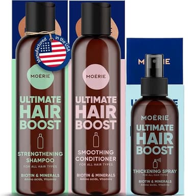 Moerie Mineral Shampoo and Conditioner Plus Hair Growth Spray Set – Ultimate Hair Care Pack – For Longer, Thicker, Fuller Hair - Volumizing Hair Care Products – Paraben & Silicone Free - 3 Products - Image 1