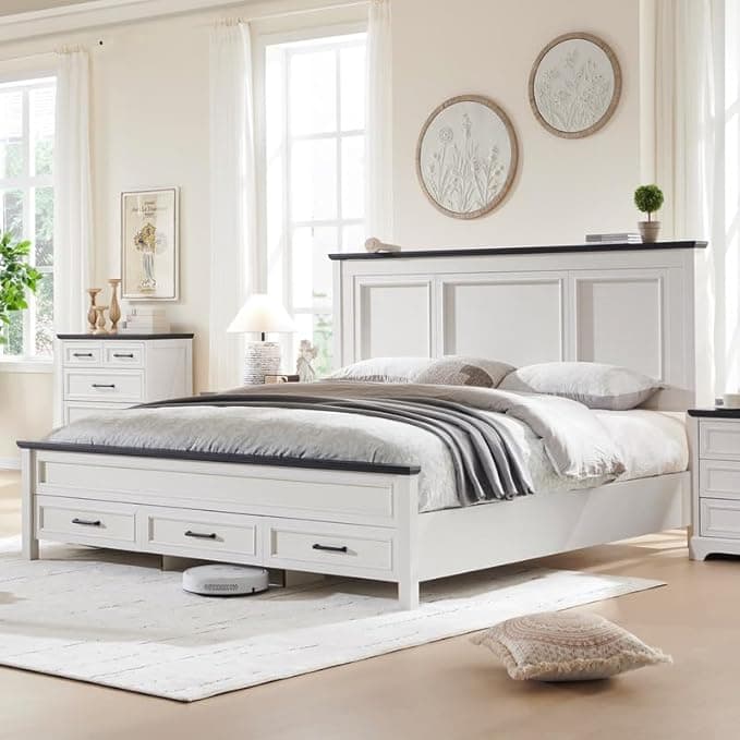 ACCOHOHO Farmhouse King Size Bed Frame with 52" Tall Headboard, Wood Platform Bedframe with Footboard and Storage Drawers, No Squeak, No Box Spring Needed, White - Image 1