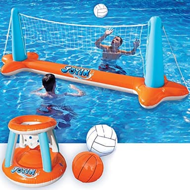 JOYIN Inflatable Pool Float Set Volleyball Net & Basketball Hoops, Floating Swimming Game Toy for Kids and Adults, Summer Floaties, Volleyball Court (105”x28”x38”)|Basketball (27.6”x23”),L-Orange - Image 1
