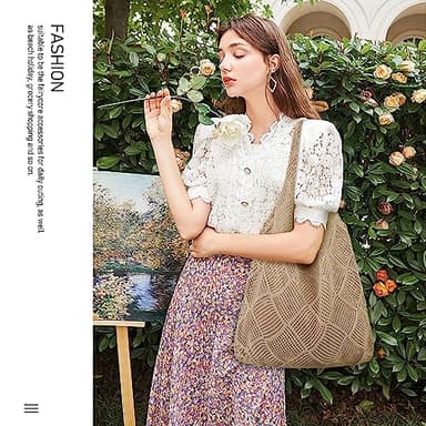 hatisan Crochet Bags for Women - Summer Beach Tote, Aesthetic Hippie Knit Bag (A-Khaki) - Image 3