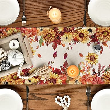 Artoid Mode Sunflower Eucalyptus Leaves Fall Table Runner, Seasonal Autumn Thanksgiving Kitchen Dining Table Decoration for Outdoor Home Party 13x72 Inch - Image 4