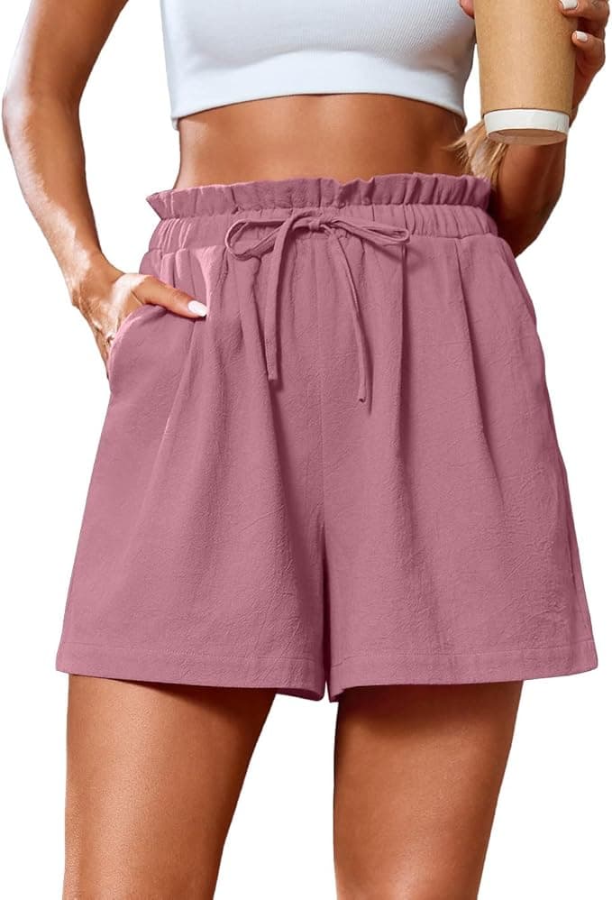 SUEANI Women Summer Comfy Drawstring Casual Wide Leg Elastic Waist Pocketed Beach Shorts(Large, Dusty Pink - Image 1