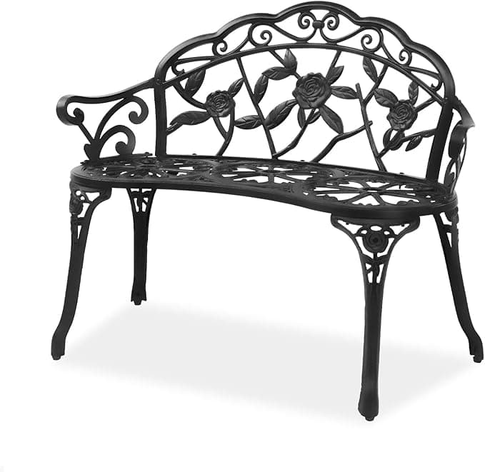 VINGLI 38.5" Patio Park Garden Outdoor Metal Rose Bench,Cast Iron Cast Aluminium Frame Antique Finish Chair,Accented Lawn Front Porch Path Yard Decor Deck Furniture for 2 Person Seat（Black - Image 1