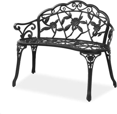 VINGLI 38.5" Patio Park Garden Outdoor Metal Rose Bench,Cast Iron Cast Aluminium Frame Antique Finish Chair,Accented Lawn Front Porch Path Yard Decor Deck Furniture for 2 Person Seat（Black - Image 1