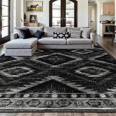 Area Rug 8x10 Rug Machine Washable Non-Slip Low Pile Print Pattern Western Rug for Living Room Bedroom Entryway Tribal Series -Black - Image 8