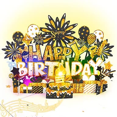 BYKOOO Birthday Card | Musical Pop Up Birthday Cards w Light | Blow Out LED Light Candle & Play Happy Birthday Music Pop Up Card | Greeting Cards Gifts for Him or Her | Black Gold (Blowable Candle) - Image 3