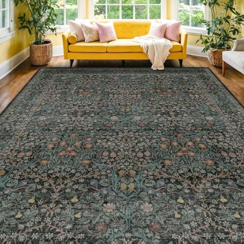 Washable Dark Green Rug for Living Room - 9x12 Large Area Rug for Dining Room Under Table, Bedroom, Soft Low Pile Non-Slip Stain Resistant Carpet - Vintage Floral Design (9x12 Dark Green) - Image 1