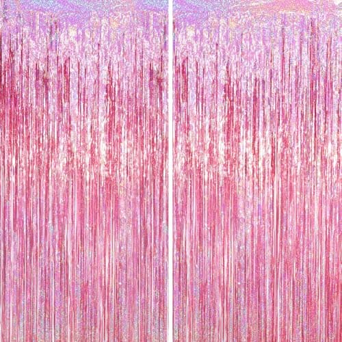 Voircoloria 2 Pack Laser Pink Tinsel Foil Fringe Curtains, Mothers Day Pink Decorations, Metallic Tinsel Party Streamers Backdrop for Birthday Bachelorette Graduation Wedding Party Decorations - Image 1