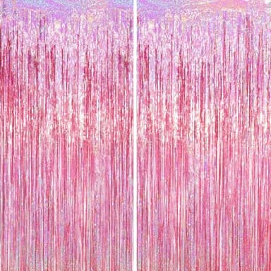 Voircoloria 2 Pack Laser Pink Tinsel Foil Fringe Curtains, Mothers Day Pink Decorations, Metallic Tinsel Party Streamers Backdrop for Birthday Bachelorette Graduation Wedding Party Decorations - Image 1