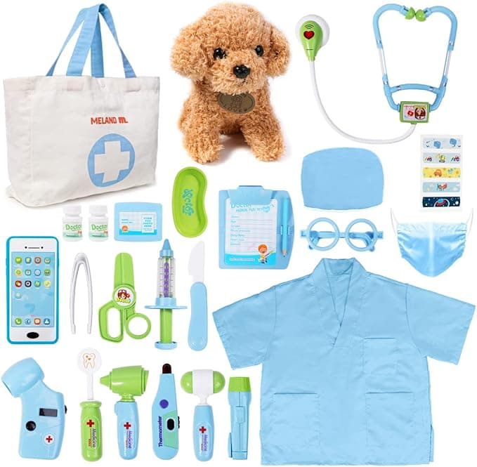 Meland Toy Doctor Kit for Kids - Pretend Play Doctor Set with Dog Toy, Carrying Bag, Stethoscope Toy & Dress Up Costume - Doctor Play Gift for Kids Toddlers Ages 3 4 5 6 Year Old for Role Play - Image 1