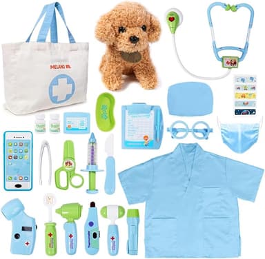 Meland Toy Doctor Kit for Kids - Pretend Play Doctor Set with Dog Toy, Carrying Bag, Stethoscope Toy & Dress Up Costume - Doctor Play Gift for Kids Toddlers Ages 3 4 5 6 Year Old for Role Play - Image 1