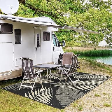 GENIMO Outdoor Rug 9' x 12' Waterproof for Patios Clearance, Reversible Outdoor Plastic Straw Camping Rug Carpet, Large Area Rugs Mats for RV, Camper, Deck, Balcony, Porch, Beach, Picnic, Black&Beige - Image 5