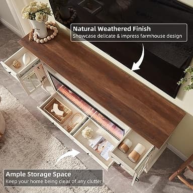 OKD Fireplace TV Stand for 80 Inch TV, Farmhouse Entertainment Center with 42" Fireplace & LED Lights, Modern Media Console Table with Storage Drawers & Cabinets for Living Room, Antique White - Image 5