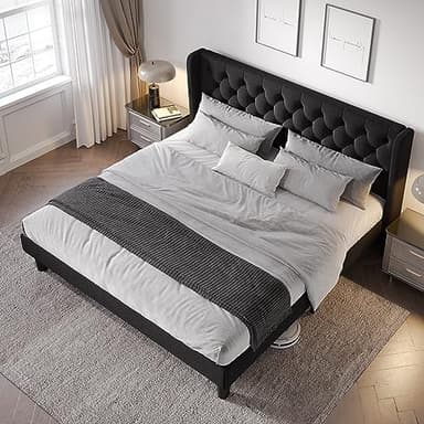 Allewie King Size Bed Frame with Button Tufted Wingback Headboard, Modern Upholstered Bed Frame with Solid Wooden Slats Support - No Box Spring Needed, Easy Assembly, Black - Image 3
