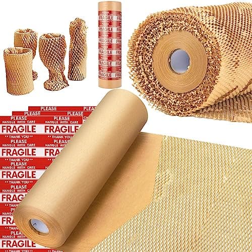 Honeycomb Packing Paper, MINHAO 15"x100' Eco Friendly Packing Paper for Moving Recyclable Honeycomb Paper Moving Supplies Bubble Paper Wrapping Protective Roll, With 36 Fragile Sticker Labels - Image 1