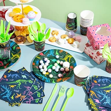 JOYIN 145 Piece Dinosaur Birthday Party Supplies with Trex Banner, 24 Serves dinosaur Disposable Tableware Set with Plates, Cups, Napkins, and Cutlery Sets for Dinosaur Themes Party Kids Years - Image 7