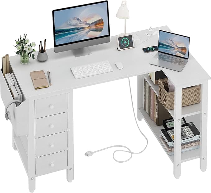 Lufeiya White L Shaped Computer Desk with Drawers & Storage Shelves, 47 Inch Corner Reversible Desk with Power Outlet for Home Office Bedroom, L-Shaped Teen PC Desks with Fabric Drawer, White - Image 1