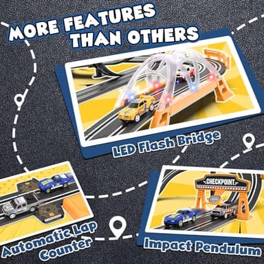 Slot Car Race Track Sets with 4 Slot Cars, Electric Race Car Track Include Slope Circular Overpass Track, Dual Racing Game Featuring Flash Bridge and Pendulum, Gifts Toys for Boys Kids Age 6 7 8-12 - Image 3
