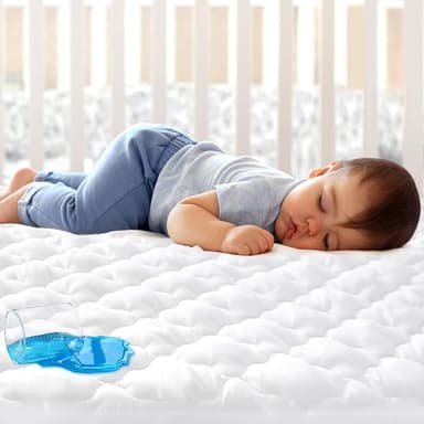 Crib Mattress Protector Sheets Fitted Waterproof Crib Mattress Pad Cover, Noiseless & Machine Wash 100% Absorbent Crib/Toddler Mattress Protector Sheet Quilted, White, 52" x 28" - Image 1