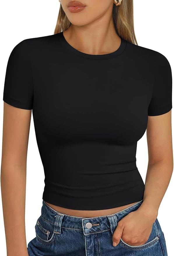 Trendy Queen Womens Short Sleeve T Shirts Summer Crop Tops Basic Slim Fit Gym Workout Y2k Clothes - Image 1