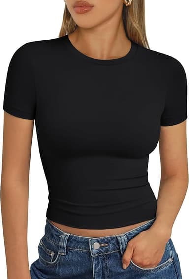Trendy Queen Womens Short Sleeve T Shirts Summer Crop Tops Basic Slim Fit Gym Workout Y2k Clothes - Image 1