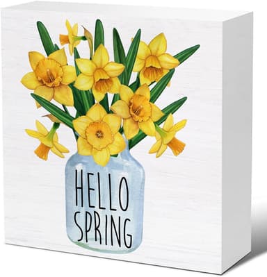 Spring Decor - Hello Spring Decorations - Floral Wooden Decorative Sign - Rustic Home Decor for Desk Table Shelf 5 x 5 Inches - Image 2