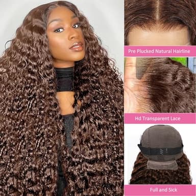 Bworto 30 Inch Chocolate Brown Deep Wave Lace Front Wigs Human Hair 13x6 Hd Curly Lace Frontal Wigs for Black Women Pre Plucked Wet and Wavy Glueless 4# Brown Color - Image 3