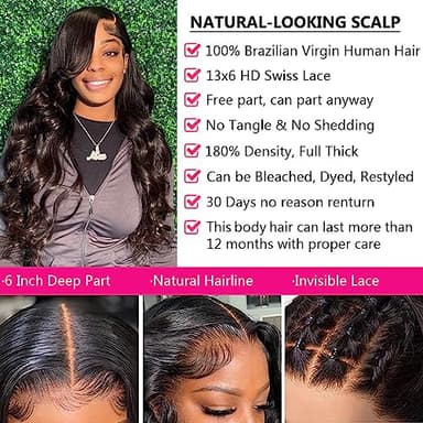 QUANDIAN 28 Inch Body Wave Lace Front Wigs Human Hair 13X6 HD Lace Frontal Wigs Human Hair 180% Density Glueless Wigs Human Hair Pre Plucked for Women Brazilian Virgin Body Wave Wig Natural Color - Image 4