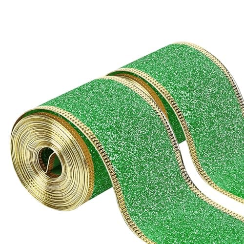 20 Yards Green Glitter Wired Ribbon with Gold Metallic Edge, 2 Inch Christmas Ribbon for Wreath, Tree Decoration, Home Decor (Green, 20 Yard) - Image 1