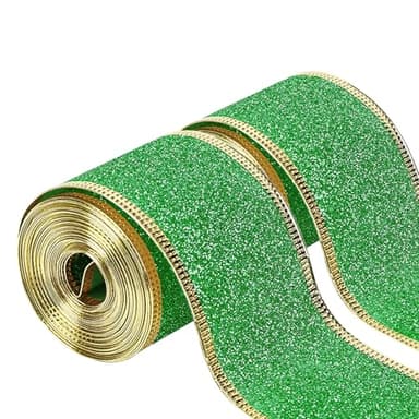 20 Yards Green Glitter Wired Ribbon with Gold Metallic Edge, 2 Inch Christmas Ribbon for Wreath, Tree Decoration, Home Decor (Green, 20 Yard) - Image 1