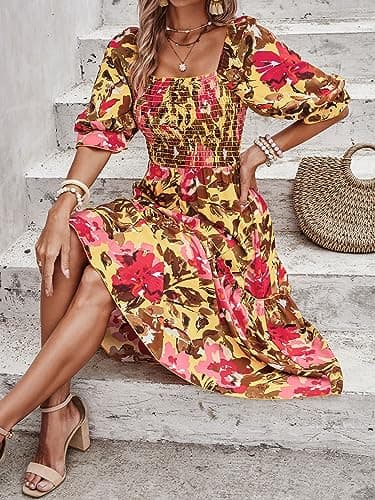 PRETTYGARDEN Women's Summer Dresses 2025 Casual Midi Spring Puff Sleeve Square Neck A Line Flowy Ruffle Boho Floral Smocked Sundress (Light Yellow Red Flower,M) - Image 8