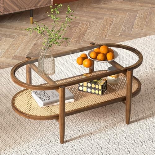 Giantex Rattan Coffee Table, 2-Tier Oval Acacia Wood Tea Table w/Tempered Glass Tabletop & PE Rattan Storage Shelf, Boho Cocktail Tables, Mid Century Modern Center Table for Living Room Office, Brown - Image 1