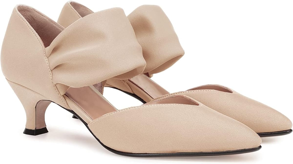 Coutgo Womens Low Kitten Heel Dress Shoes Pointed Toe Slip on Ankle Strap Cutout Elegant Party Wedding Pumps - Image 1