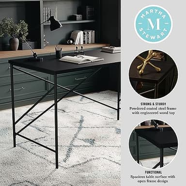 Martha Stewart Maddox Home Office Parsons Desk in Black Wood Grain with Oil Rubbed Bronze Metal X-Frame - Image 4