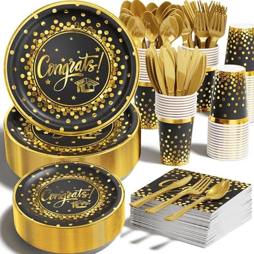 Ecomore 2025 Graduation Party Supplies, 350 PCS Congrats Grad Disposable Dinnerware Set (Severs 50) Paper Plates Cups Napkins Plastic Fork Knives Spoons for College 2025 Graduation Party - Black Gold - Image 1