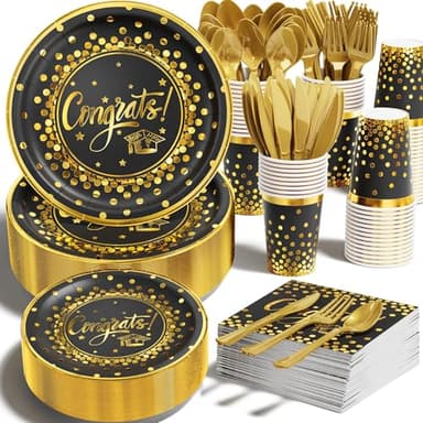 Ecomore 2025 Graduation Party Supplies, 350 PCS Congrats Grad Disposable Dinnerware Set (Severs 50) Paper Plates Cups Napkins Plastic Fork Knives Spoons for College 2025 Graduation Party - Black Gold - Image 1