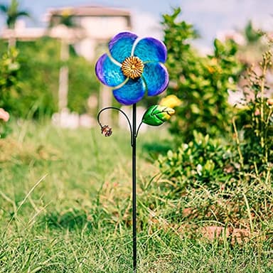 Viveta Wind Spinner with Metal Stake, 28.7 inches Outdoor Garden Pinwheels Spinners Blue Flower Shape Design for Yard Lawn Patio Decor - Image 6