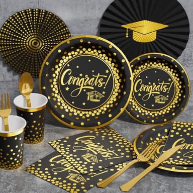 Ecomore 2025 Graduation Party Supplies, 350 PCS Congrats Grad Disposable Dinnerware Set (Severs 50) Paper Plates Cups Napkins Plastic Fork Knives Spoons for College 2025 Graduation Party - Black Gold - Image 2