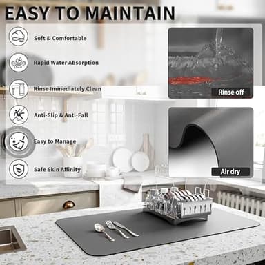 HotLive Dish Drying Mat for Kitchen Counter, Heat Resistant Drainer Mats with Non-slip Rubber Backed, Hide Stain Kitchen Super Absorbent Draining Mat, Easy to Clean Dish Rack Pad, Dark Grey 16"x18" - Image 4