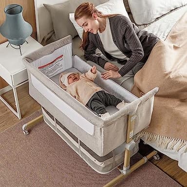 Baby Bassinet Bedside Sleeper, besrey Bedside Bassinet for Newborn Infant with Comfy Mattress, 9 Height Positions, Adjustable Bedside Crib with 360° Swivel Wheels Bassinet for Baby with Storage Basket - Image 1