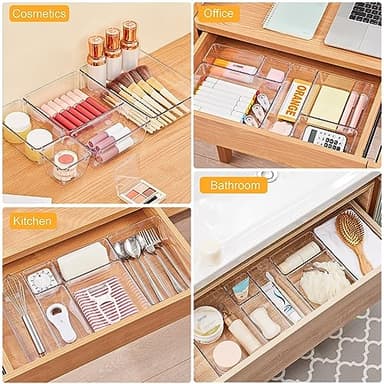 SMARTAKE 13-Piece Drawer Organizers with Non-Slip Silicone Pads, 5-Size Desk Bathroom Drawer Organizer Trays Storage Tray for Makeup, Jewelries, Utensils in Bedroom Dresser, Office and Kitchen, Clear - Image 6
